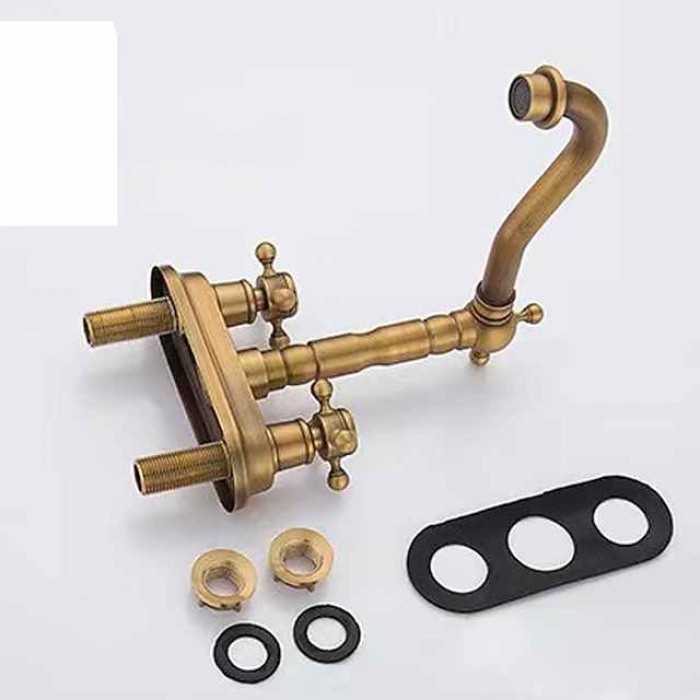 Bathroom Faucet Sink Mixer Basin Taps Deck Mounted, Vintage Style Twin Handle Rotating, Washroom 2 Hole Brushed Brass Tap with Cold and Hot Hose