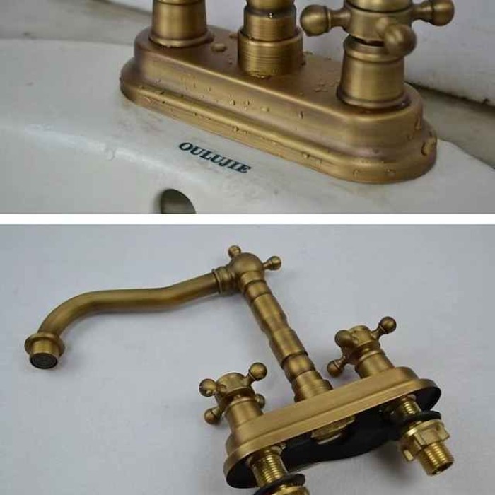 Bathroom Faucet Sink Mixer Basin Taps Deck Mounted, Vintage Style Twin Handle Rotating, Washroom 2 Hole Brushed Brass Tap with Cold and Hot Hose