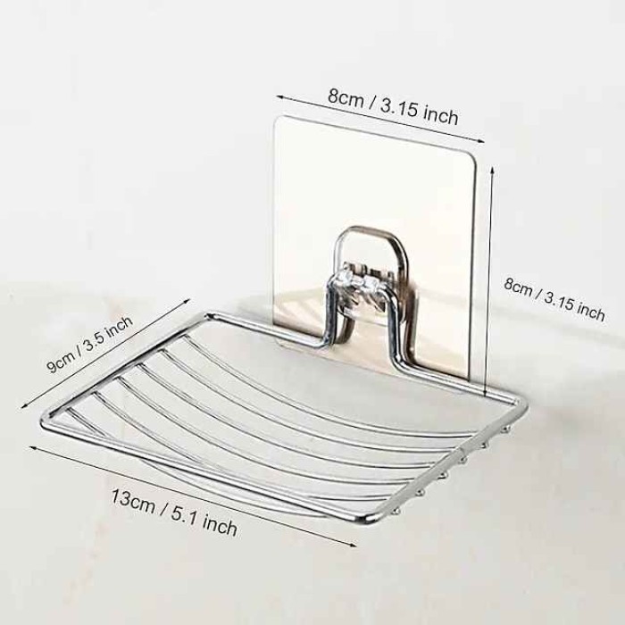 2pcs Stainless Steel Soap Dish Holder Self Adhesive Wall Mounted Soap Sponge Holder Soap Saver Rack For Home Kitchen Bathroom Shower Bathroom Accessories