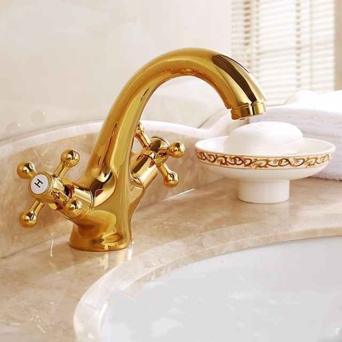 Antique Brass Bathroom Sink Faucet,Centerset  Two Handles One Hole Bath Taps with Hot and Cold Switch and Ceramic Valve