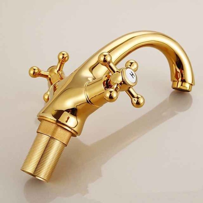 Antique Brass Bathroom Sink Faucet,Centerset  Two Handles One Hole Bath Taps with Hot and Cold Switch and Ceramic Valve