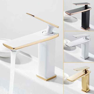 Bathroom Faucet Sink Mixer Basin Taps Deck Mounted, Monobloc Single Handle Cermaic Valve Washroom Taps with Cold and Hot Hose Black Golden White Chrome