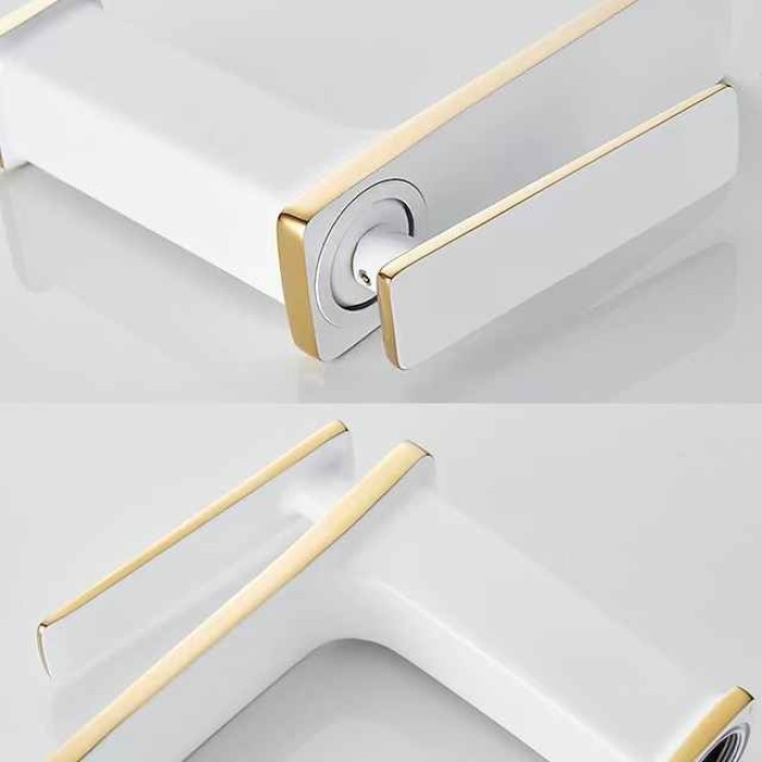 Bathroom Faucet Sink Mixer Basin Taps Deck Mounted, Monobloc Single Handle Cermaic Valve Washroom Taps with Cold and Hot Hose Black Golden White Chrome