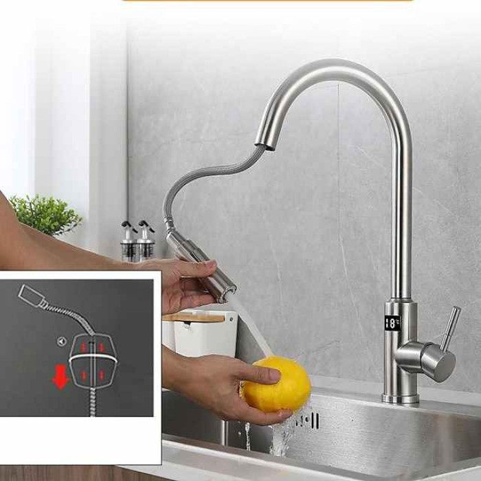 Touchless Sensor Kitchen Faucet Sink Mixer Tap Touch on with Pull Out 2 Mode Sprayer, Digital Display 360 Swivel Single Handle Taps Stainless Steel Deck Mounted, Water Vessel Taps