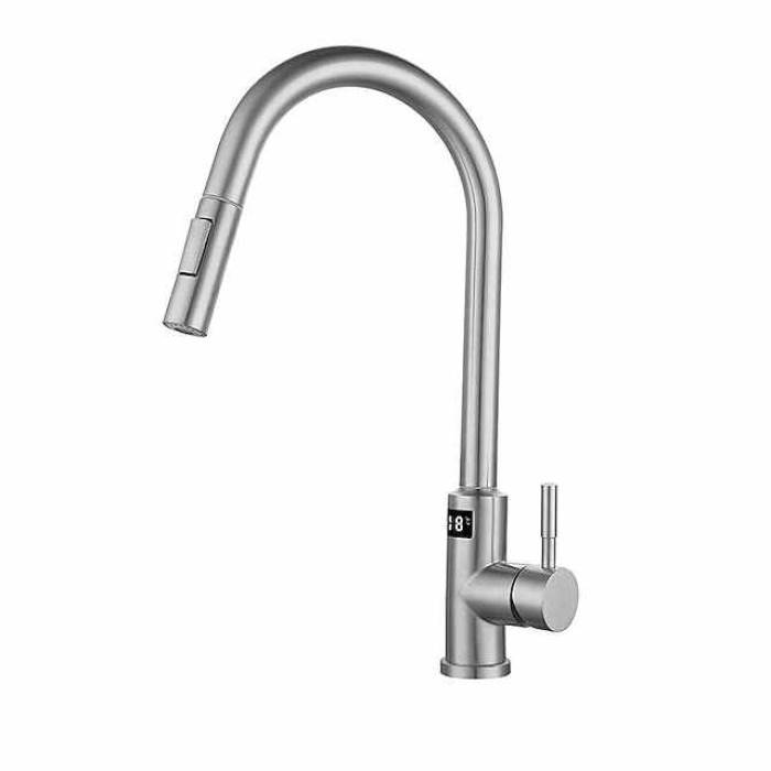 Touchless Sensor Kitchen Faucet Sink Mixer Tap Touch on with Pull Out 2 Mode Sprayer, Digital Display 360 Swivel Single Handle Taps Stainless Steel Deck Mounted, Water Vessel Taps