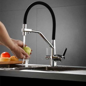 Kitchen Faucet Pull Down Spray Head, Purified Water Dual Spout Taps Sink Mixer Deck Mounted,  360 Rotating Twin Handle High Arc Flexible Tube Vessel Brass Tap