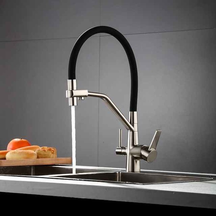 Kitchen Faucet Pull Down Spray Head, Purified Water Dual Spout Taps Sink Mixer Deck Mounted,  360 Rotating Twin Handle High Arc Flexible Tube Vessel Brass Tap