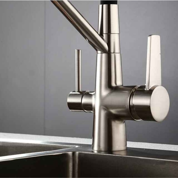 Kitchen Faucet Pull Down Spray Head, Purified Water Dual Spout Taps Sink Mixer Deck Mounted,  360 Rotating Twin Handle High Arc Flexible Tube Vessel Brass Tap