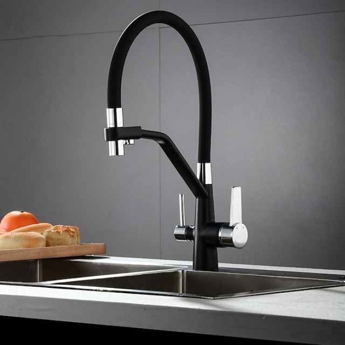 Kitchen Faucet Pull Down Spray Head, Purified Water Dual Spout Taps Sink Mixer Deck Mounted,  360 Rotating Twin Handle High Arc Flexible Tube Vessel Brass Tap