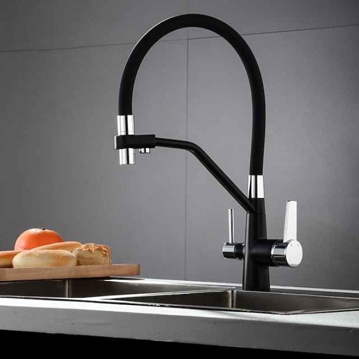 Kitchen Faucet Pull Down Spray Head, Purified Water Dual Spout Taps Sink Mixer Deck Mounted,  360 Rotating Twin Handle High Arc Flexible Tube Vessel Brass Tap