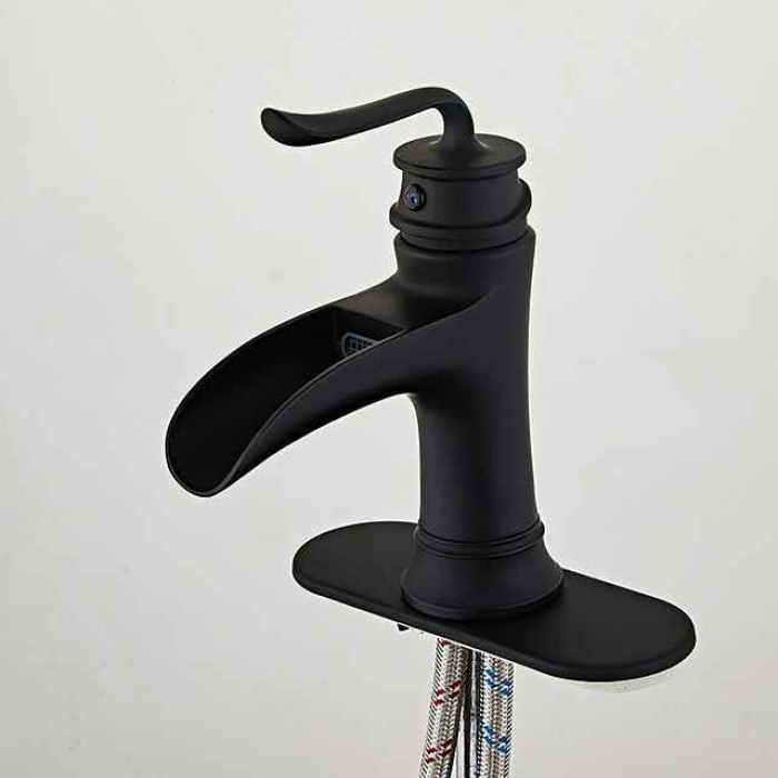 Waterfall Bathroom Faucet Sink Mixer Mono Basin Taps Black, Vintage Brass Single Handle Washroom Taps with Hot and Cold Hose