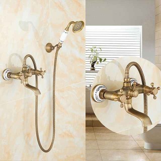 Traditional Shower System Faucet Set with Bathtub Spout with Heldhand Handshower Spray, Vintage Brass Dual Spout Wall Mounted Ceramic Mixer Valve