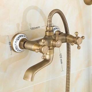 Traditional Shower System Faucet Set with Bathtub Spout with Heldhand Handshower Spray, Vintage Brass Dual Spout Wall Mounted Ceramic Mixer Valve