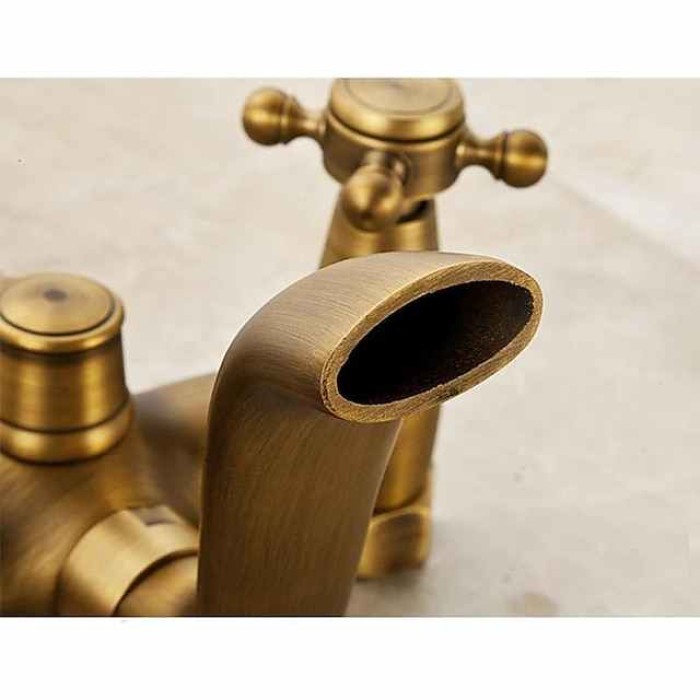 Traditional Shower System Faucet Set with Bathtub Spout with Heldhand Handshower Spray, Vintage Brass Dual Spout Wall Mounted Ceramic Mixer Valve