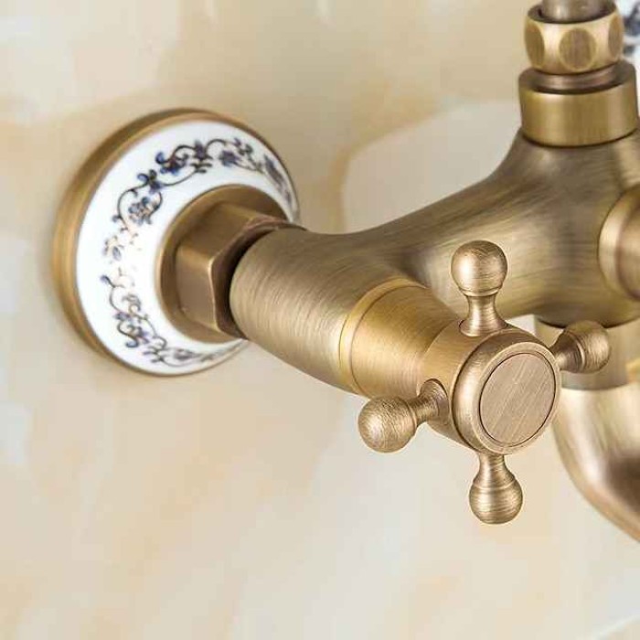 Traditional Shower System Faucet Set with Bathtub Spout with Heldhand Handshower Spray, Vintage Brass Dual Spout Wall Mounted Ceramic Mixer Valve