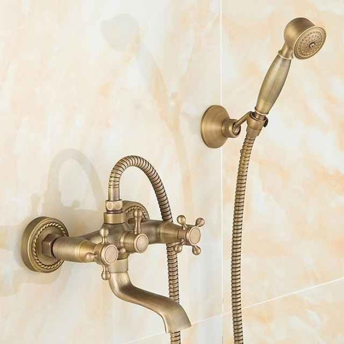 Traditional Shower System Faucet Set with Bathtub Spout with Heldhand Handshower Spray, Vintage Brass Dual Spout Wall Mounted Ceramic Mixer Valve