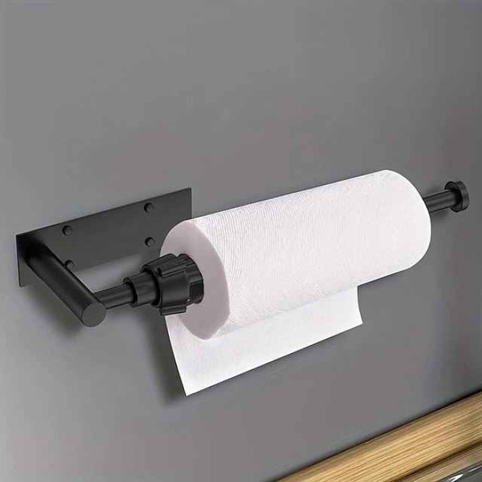 1pc, Paper Towel Holder, Punch Free Under Cabinet Wall Mount Paper Towel Holders With Damping, Matte Black Kitchen Under Counter Hanging Paper Towels Rack With Adhesive