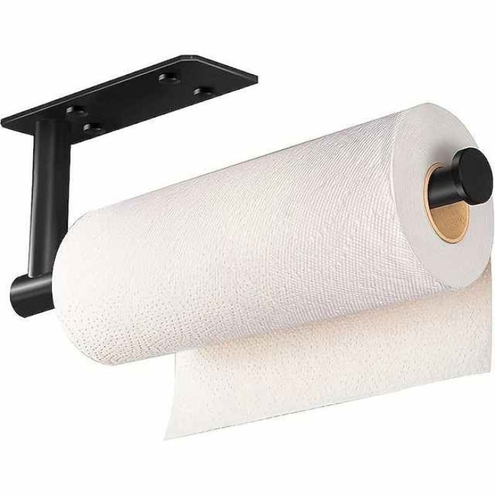 1pc, Paper Towel Holder, Punch Free Under Cabinet Wall Mount Paper Towel Holders With Damping, Matte Black Kitchen Under Counter Hanging Paper Towels Rack With Adhesive