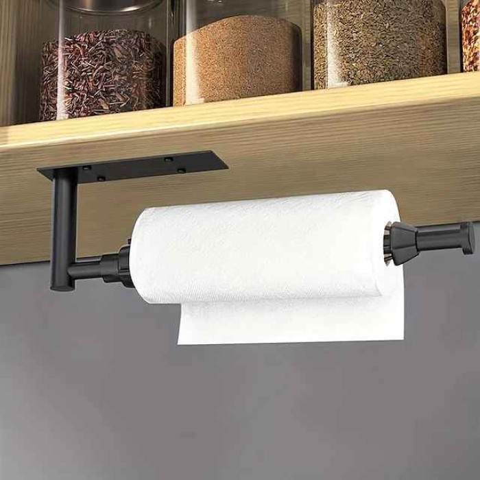 1pc, Paper Towel Holder, Punch Free Under Cabinet Wall Mount Paper Towel Holders With Damping, Matte Black Kitchen Under Counter Hanging Paper Towels Rack With Adhesive