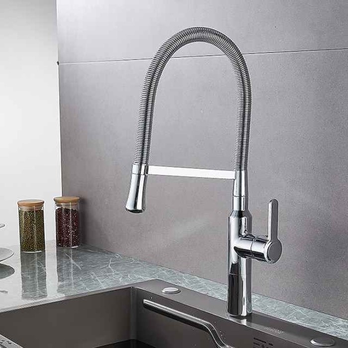 Kitchen Faucet Pull Down Sink Mixer Taps, High Arc Spring Vessel Brass Taps, Single Handle Swivel Spout 2 Mode with Hot and Cold Water Hose