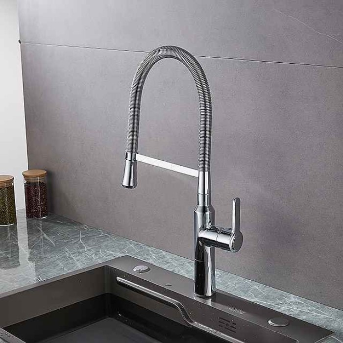 Kitchen Faucet Pull Down Sink Mixer Taps, High Arc Spring Vessel Brass Taps, Single Handle Swivel Spout 2 Mode with Hot and Cold Water Hose