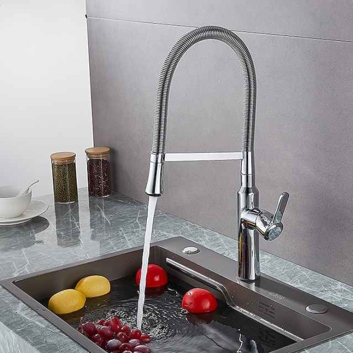 Kitchen Faucet Pull Down Sink Mixer Taps, High Arc Spring Vessel Brass Taps, Single Handle Swivel Spout 2 Mode with Hot and Cold Water Hose