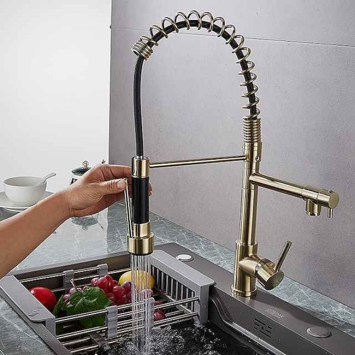 Kitchen Faucet Pull Out Sink Mixer Taps Dual Spout, High Arc Spring Vessel Brass Taps, Single Handle 360 Swivel Sprayer with Hot and Cold Water Hose