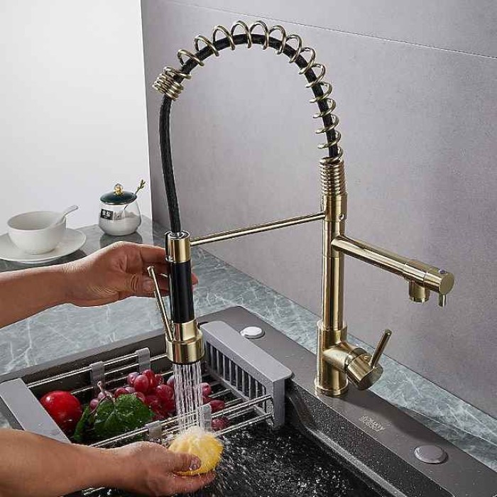 Kitchen Faucet Pull Out Sink Mixer Taps Dual Spout, High Arc Spring Vessel Brass Taps, Single Handle 360 Swivel Sprayer with Hot and Cold Water Hose