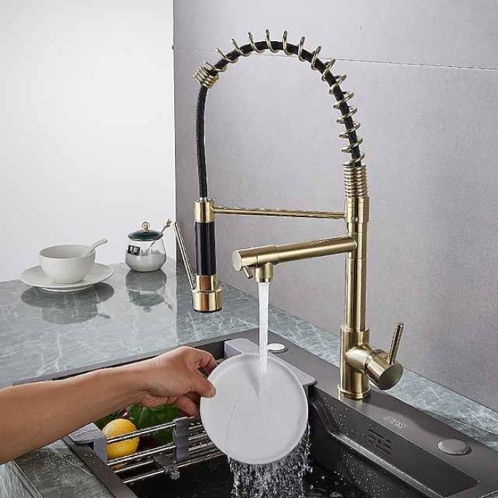 Kitchen Faucet Pull Out Sink Mixer Taps Dual Spout, High Arc Spring Vessel Brass Taps, Single Handle 360 Swivel Sprayer with Hot and Cold Water Hose