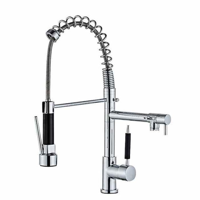 Kitchen Faucet Pull Out Sink Mixer Taps Dual Spout, High Arc Spring Vessel Brass Taps, Single Handle 360 Swivel Sprayer with Hot and Cold Water Hose