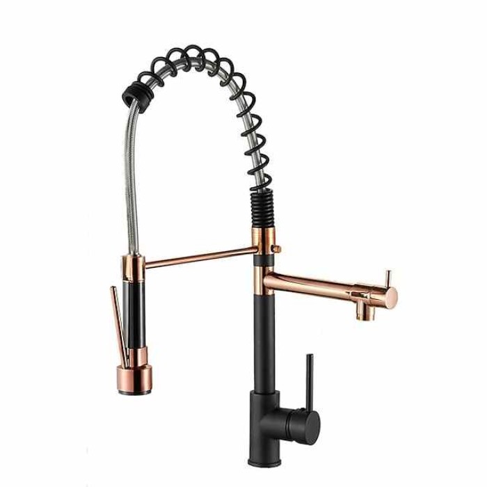 Kitchen Faucet Pull Out Sink Mixer Taps Dual Spout, High Arc Spring Vessel Brass Taps, Single Handle 360 Swivel Sprayer with Hot and Cold Water Hose