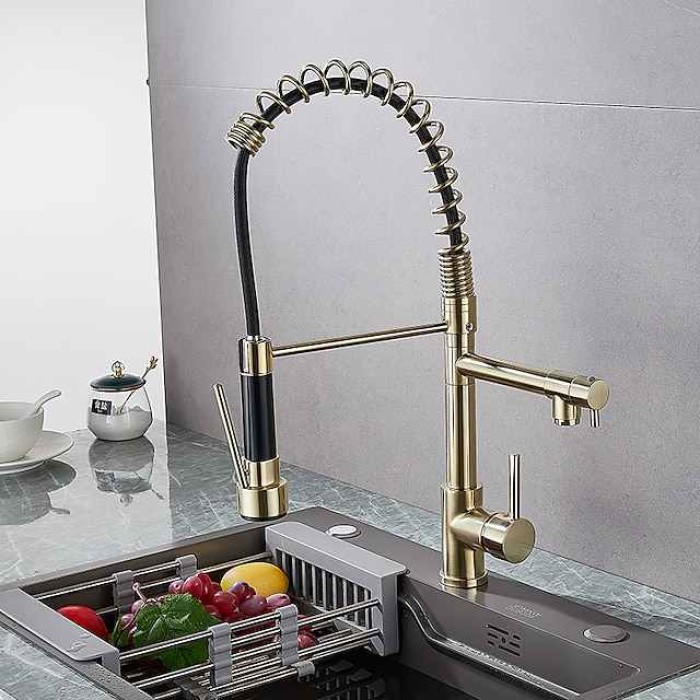 Kitchen Faucet Pull Out Sink Mixer Taps Dual Spout, High Arc Spring Vessel Brass Taps, Single Handle 360 Swivel Sprayer with Hot and Cold Water Hose