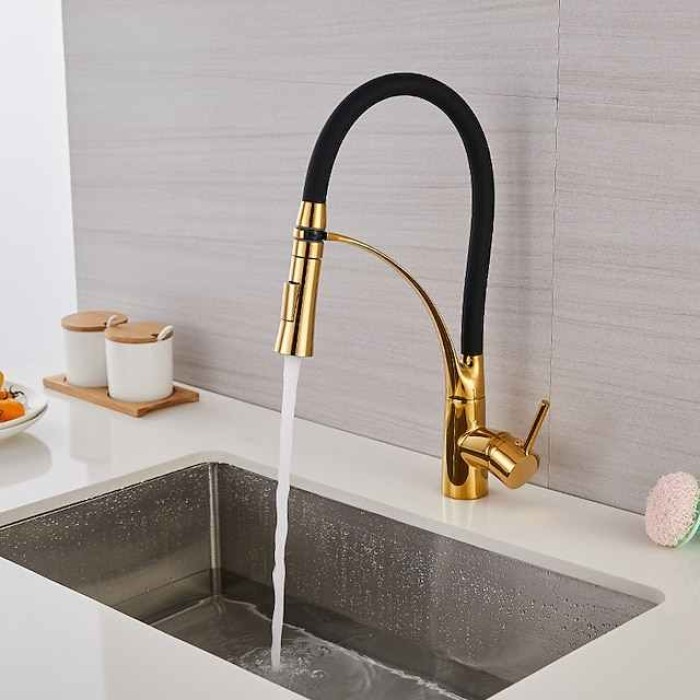 Kitchen Faucet Pull Down Sink Mixer Taps, 360 Swivel Flexible Tube Pipe Brass Taps, Single Handle with Hot and Cold Water Hose