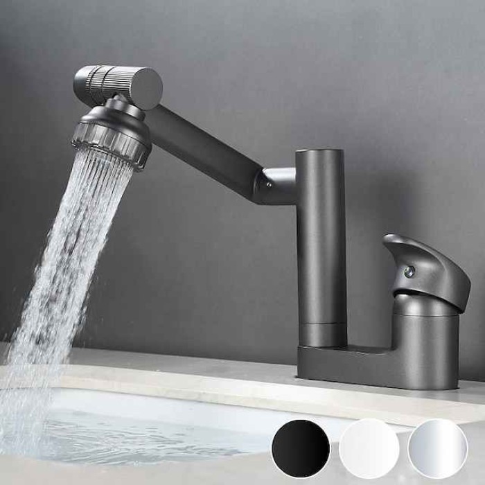 Foldable Bathroom Faucet Sink Mixer Basin Taps Dual Spout 3 Mode Spray, 360 Degrees Single Handle Washbasin Vessel Tap with Cold and Water Hose for Washroom Toilet