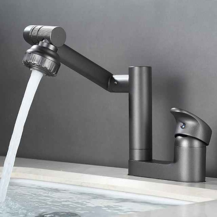 Foldable Bathroom Faucet Sink Mixer Basin Taps Dual Spout 3 Mode Spray, 360 Degrees Single Handle Washbasin Vessel Tap with Cold and Water Hose for Washroom Toilet