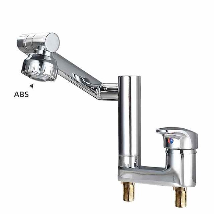 Foldable Bathroom Faucet Sink Mixer Basin Taps Dual Spout 3 Mode Spray, 360 Degrees Single Handle Washbasin Vessel Tap with Cold and Water Hose for Washroom Toilet