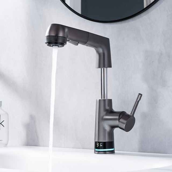 Bathroom Faucet LCD Digital Display Sink Mixer Basin Taps with Pull out Sprayer, Single Handle Liftable Spout Head 3 Mode, Brass Vessel Tap Washroom