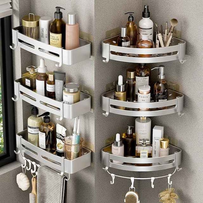 Silver Bathroom Shelf Bathroom Non Perforated Toilet Toilet Washstand Shower Room Wall Hanging Storage Triangle Basket