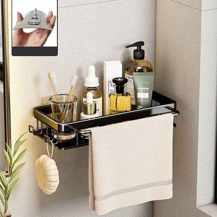 Black Toilet Rack Wall Hanging Perforated Space Aluminum Double-Layer Bathroom Storage Toilet Suction Cup Bathroom Towel Rack