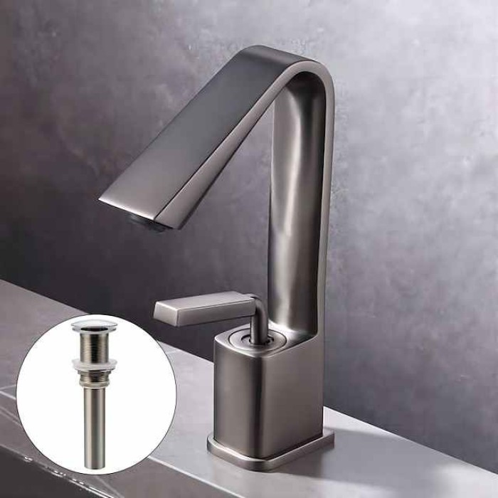 Bathroom Faucet Sink Mixer Basin Taps with Pop Up Drain, Monobloc Single Handle Washroom Vessel Tap with Cold and Hot Hose