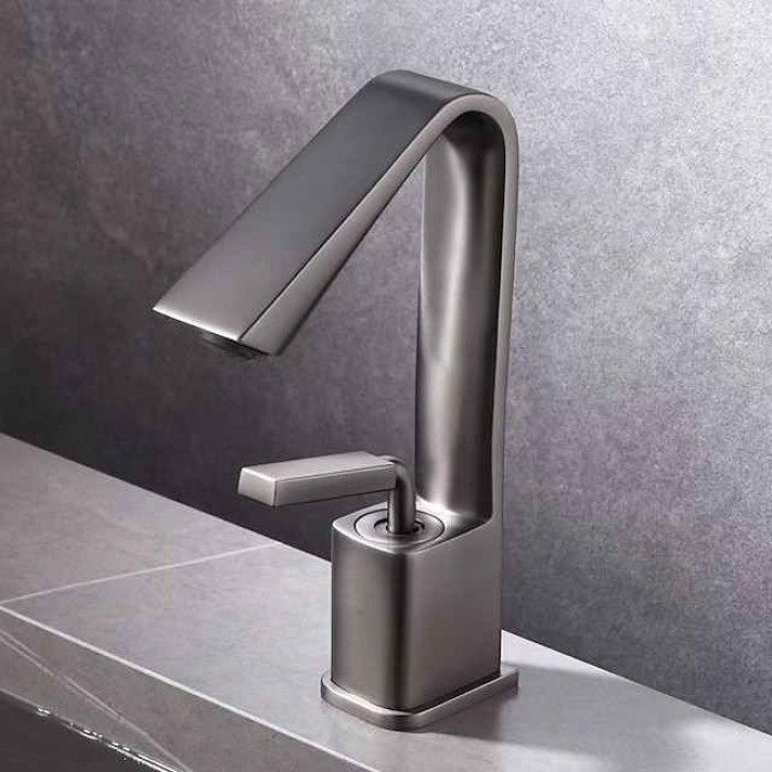 Bathroom Faucet Sink Mixer Basin Taps with Pop Up Drain, Monobloc Single Handle Washroom Vessel Tap with Cold and Hot Hose