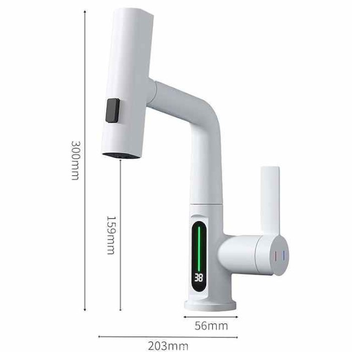 Waterfall Bathroom Faucet LCD Display Multifunction Pull Out Sink Mixer Taps, 360 Degree Rotate Washroom Vessel Brass Tap 3 Mode Spout Sprayer