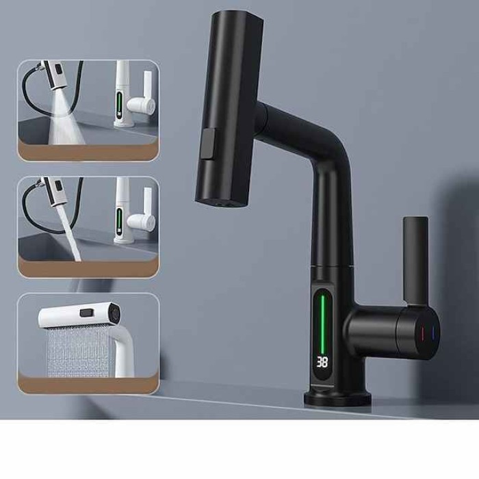 Waterfall Bathroom Faucet LCD Display Multifunction Pull Out Sink Mixer Taps, 360 Degree Rotate Washroom Vessel Brass Tap 3 Mode Spout Sprayer