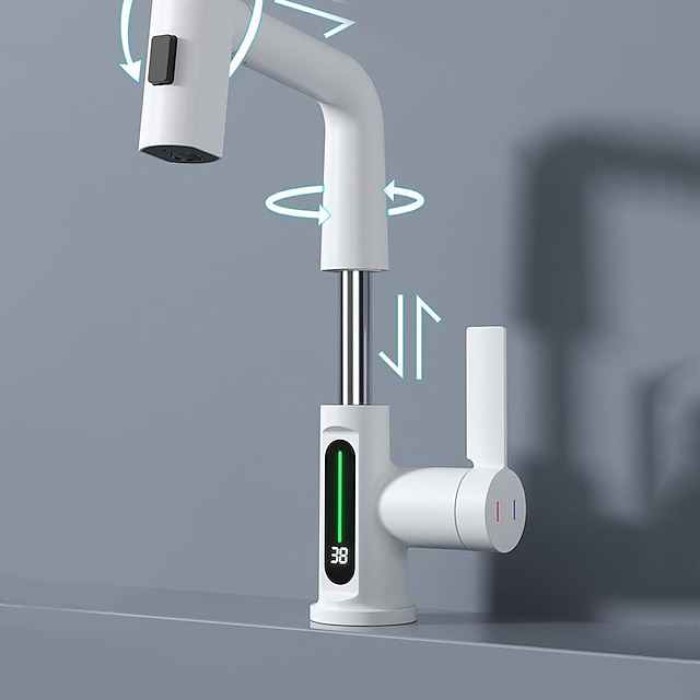 Waterfall Bathroom Faucet LCD Display Multifunction Pull Out Sink Mixer Taps, 360 Degree Rotate Washroom Vessel Brass Tap 3 Mode Spout Sprayer