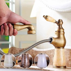 Traditional Bathroom Faucet Pull Out Basin Sink Mixer Taps, Vintage Brass Vessel Taps Ceramic Single Handle, with Cold and Hot Hose