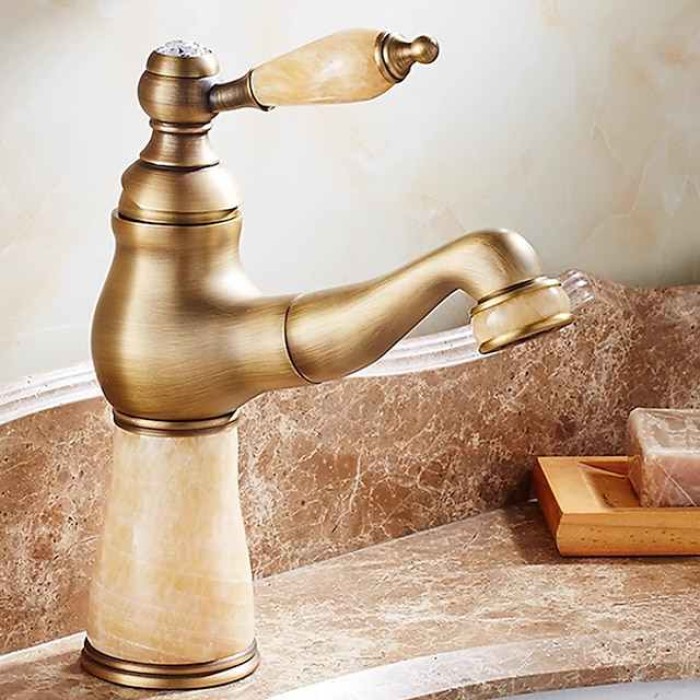 Traditional Bathroom Faucet Pull Out Basin Sink Mixer Taps, Vintage Brass Vessel Taps Ceramic Single Handle, with Cold and Hot Hose