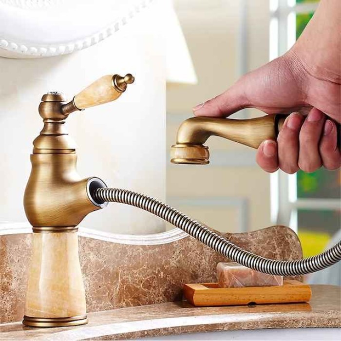 Traditional Bathroom Faucet Pull Out Basin Sink Mixer Taps, Vintage Brass Vessel Taps Ceramic Single Handle, with Cold and Hot Hose