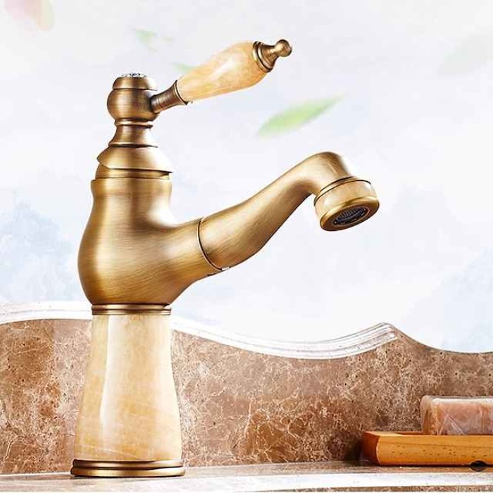 Traditional Bathroom Faucet Pull Out Basin Sink Mixer Taps, Vintage Brass Vessel Taps Ceramic Single Handle, with Cold and Hot Hose