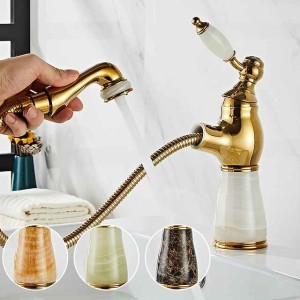 Traditional Bathroom Faucet Pull Out Basin Sink Mixer Taps Short/Tall, Vintage Brass Vessel Taps Ceramic Single Handle, with Cold and Hot Hose