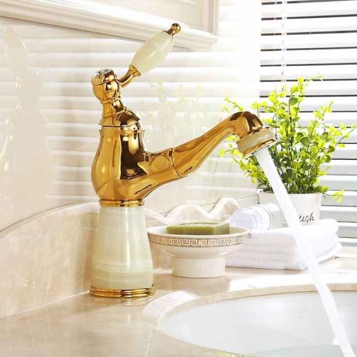 Traditional Bathroom Faucet Pull Out Basin Sink Mixer Taps Short/Tall, Vintage Brass Vessel Taps Ceramic Single Handle, with Cold and Hot Hose